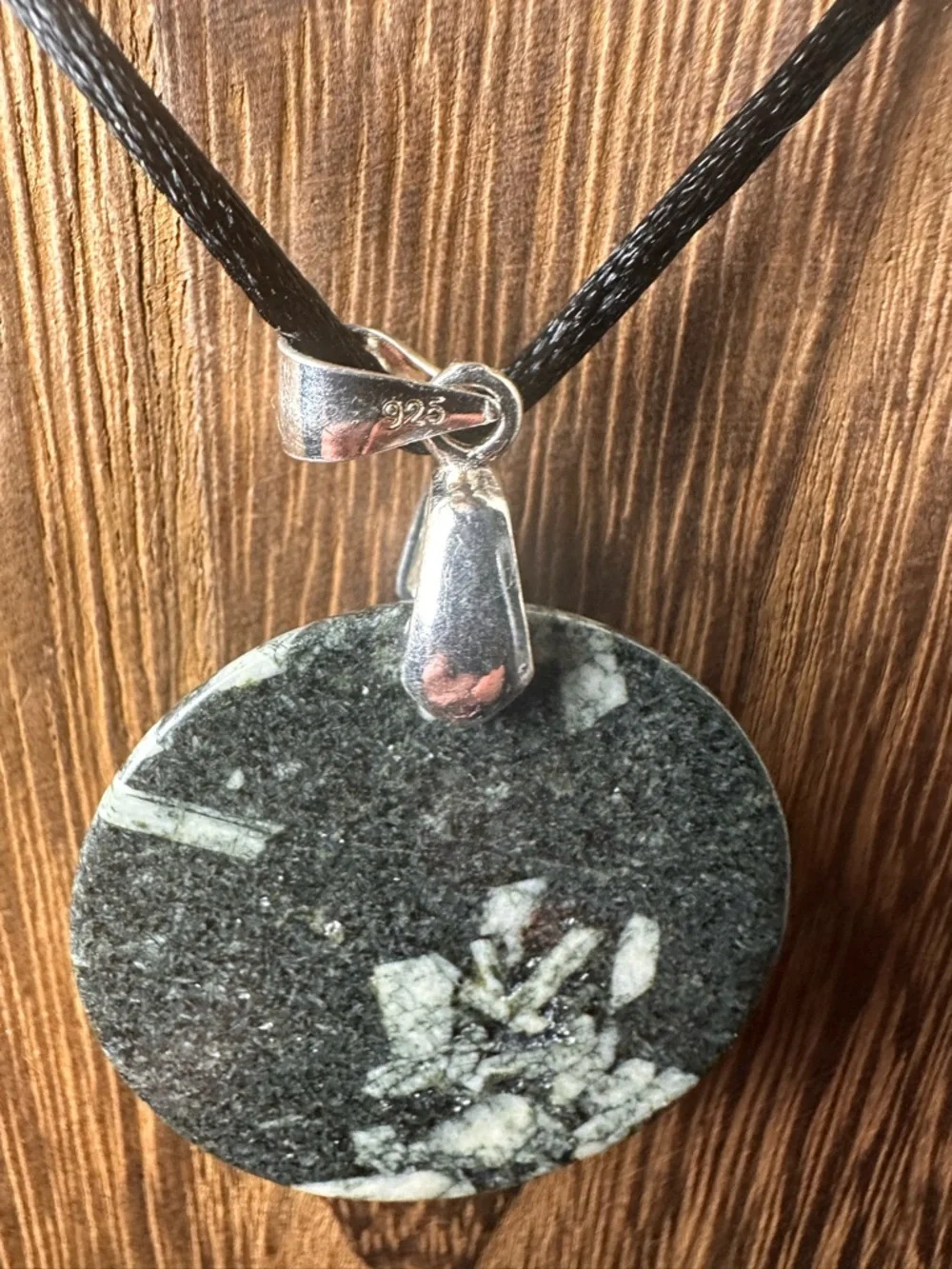 Round Chinese Writing Stone Pendant Necklace on Black Rope, Sterling Silver